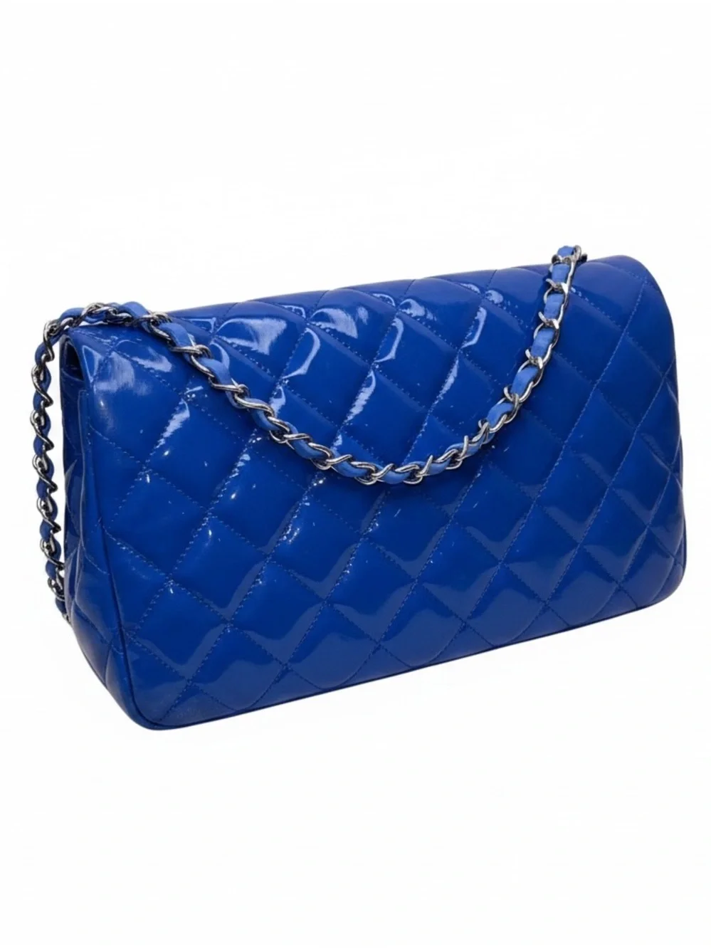 Chanel Timeless Classique Blue Patent Leather Flap Bag Silver Hardware
